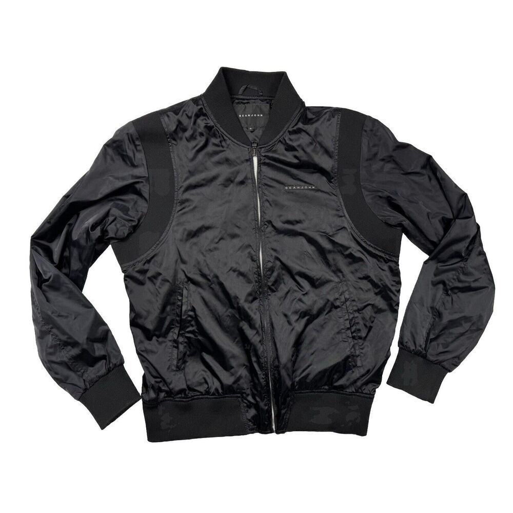 Mens Satin Bomber Jacket Retro Y2k Black Spell out XL Sean John - Picture 2 of 10
